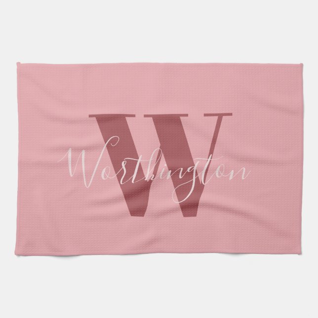 Girly Monogram and Name pink blush red Tea Towel (Horizontal)