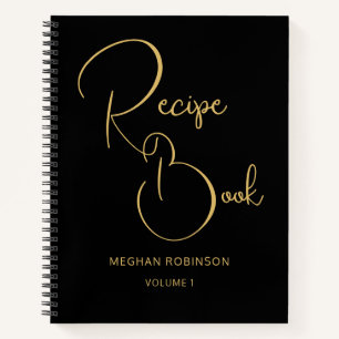 Girly Monogram Black and Gold Cookbook Recipe Notebook