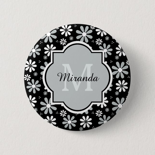 Girly Monogram Black White Daisy Flowers With Name 6 Cm Round Badge (Front)