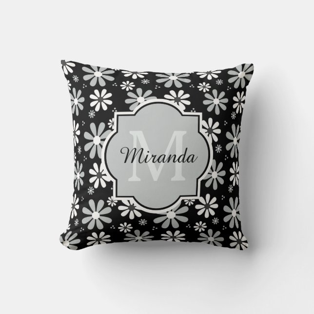 Girly Monogram Black White Daisy Flowers With Name Cushion (Front)