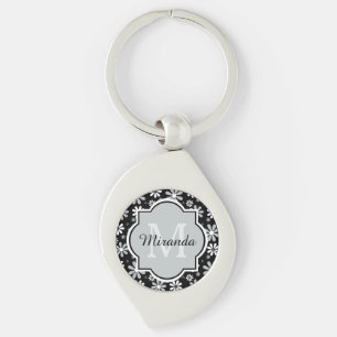 Girly Monogram Black White Daisy Flowers With Name Key Ring