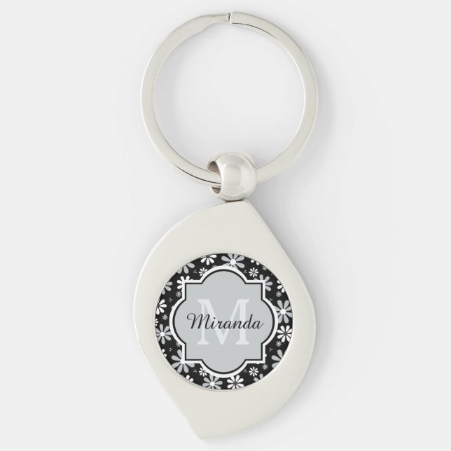 Girly Monogram Black White Daisy Flowers With Name Key Ring (Front)
