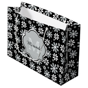 Girly Monogram Black White Daisy Flowers With Name Large Gift Bag