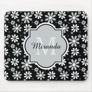 Girly Monogram Black White Daisy Flowers With Name Mouse Mat
