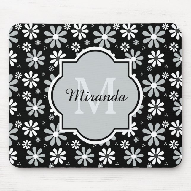 Girly Monogram Black White Daisy Flowers With Name Mouse Mat (Front)