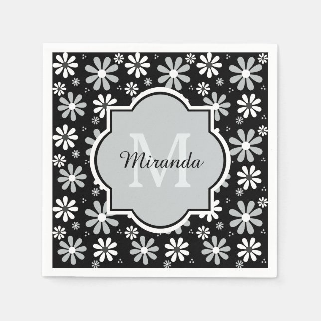 Girly Monogram Black White Daisy Flowers With Name Napkin (Front)