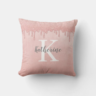 Girly Monogram Blush Pink Dripping Glitter Cushion