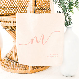 Girly Monogram Calligraphy Coral Blush Pink Tote Bag