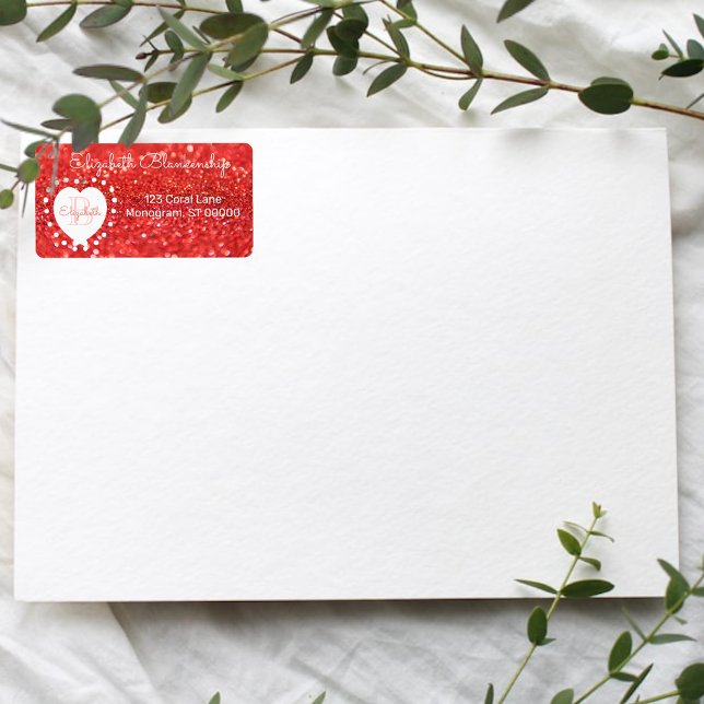 Girly Monogram Coral Glitter Bokeh Heart Dots Label (faux orange glitter address label used as a return address label)