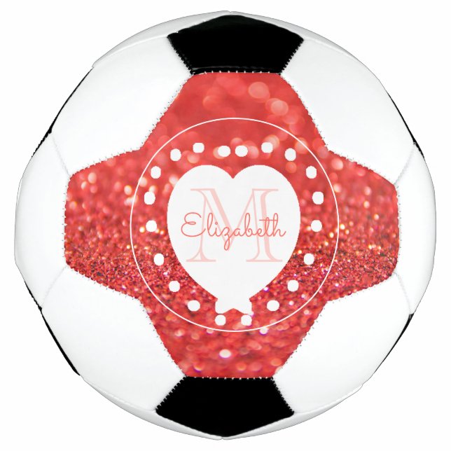 Girly Monogram Coral Glitter Bokeh White Heart Football (Front)