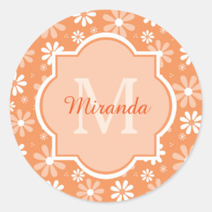 Girly Monogram Cute Orange Daisy Flowers and Name Classic Round Sticker