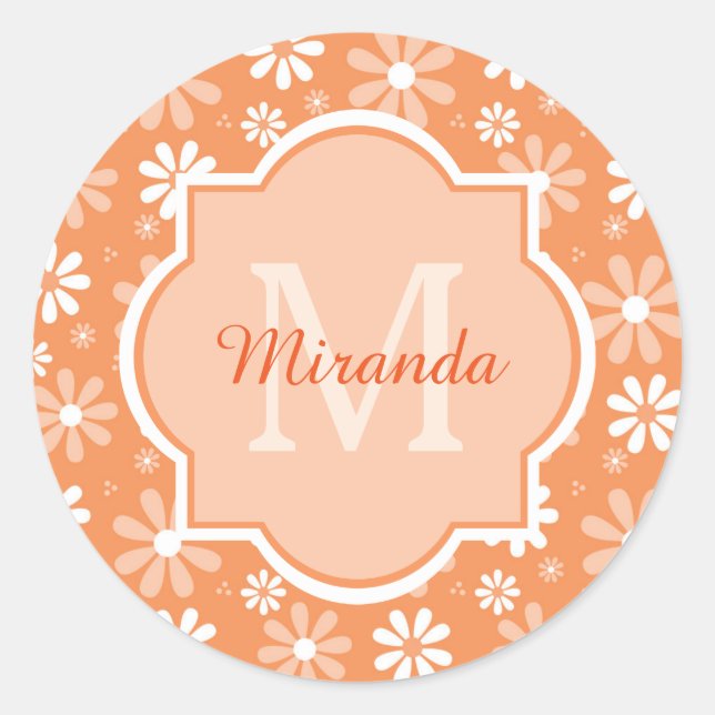 Girly Monogram Cute Orange Daisy Flowers and Name Classic Round Sticker (Front)