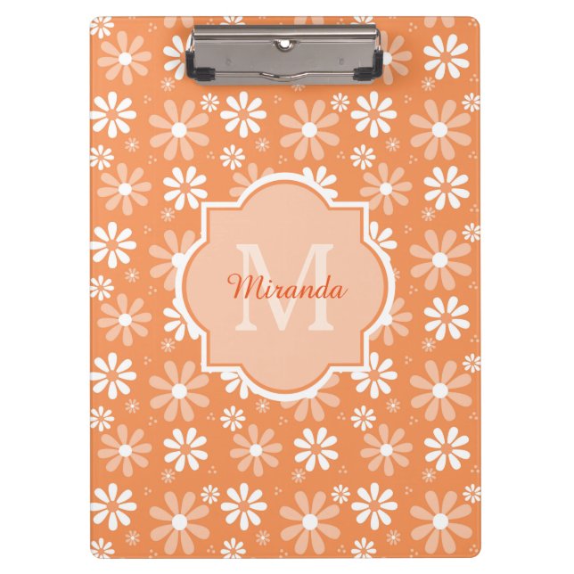 Girly Monogram Cute Orange Daisy Flowers and Name Clipboard (Front)