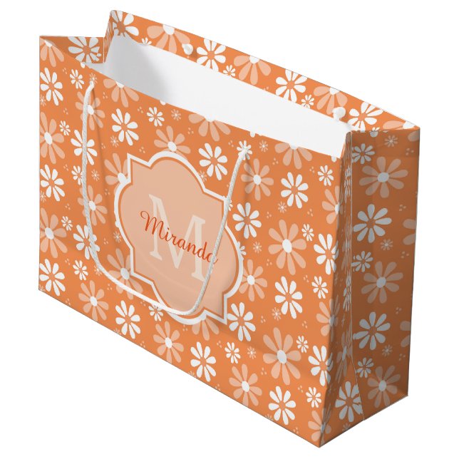 Girly Monogram Cute Orange Daisy Flowers and Name Large Gift Bag (Front Angled)