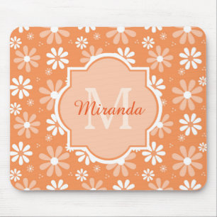 Girly Monogram Cute Orange Daisy Flowers and Name Mouse Mat