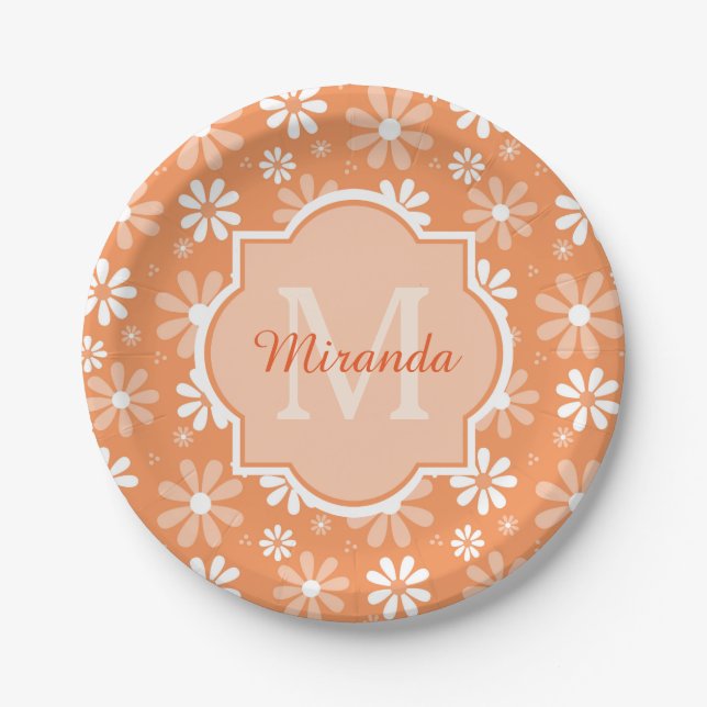 Girly Monogram Cute Orange Daisy Flowers and Name Paper Plate (Front)