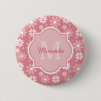 Girly Monogram Cute Pink Daisy Flowers With Name 6 Cm Round Badge