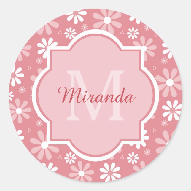 Girly Monogram Cute Pink Daisy Flowers With Name Classic Round Sticker (Front)