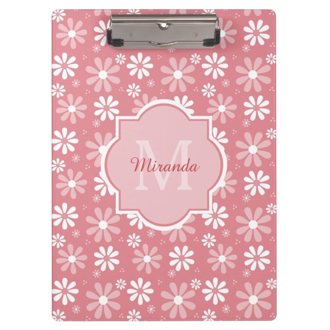 Girly Monogram Cute Pink Daisy Flowers With Name Clipboard (Front)