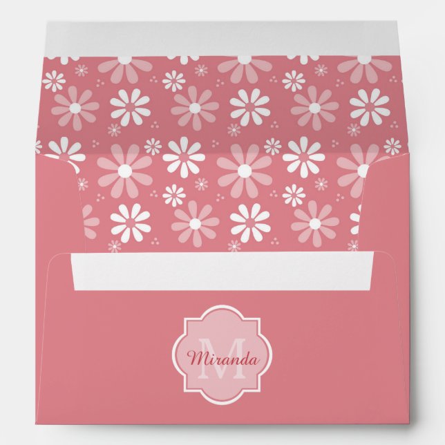 Girly Monogram Cute Pink Daisy Flowers With Name Envelopes (Back (Bottom))