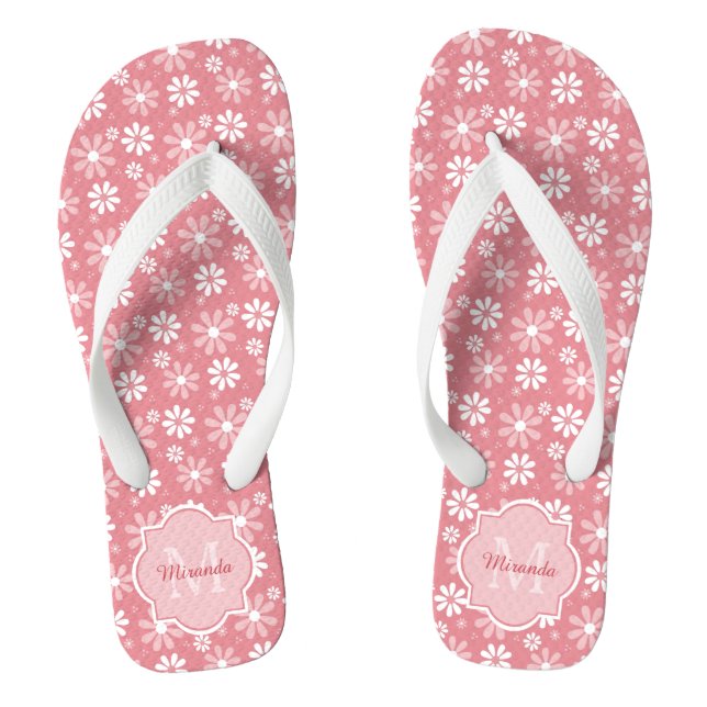 Girly Monogram Cute Pink Daisy Flowers With Name Flip Flops (Footbed)
