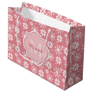 Girly Monogram Cute Pink Daisy Flowers With Name Large Gift Bag