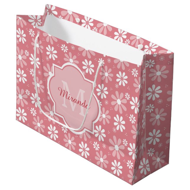 Girly Monogram Cute Pink Daisy Flowers With Name Large Gift Bag (Front Angled)
