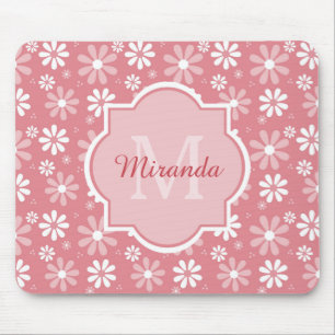 Girly Monogram Cute Pink Daisy Flowers With Name Mouse Mat