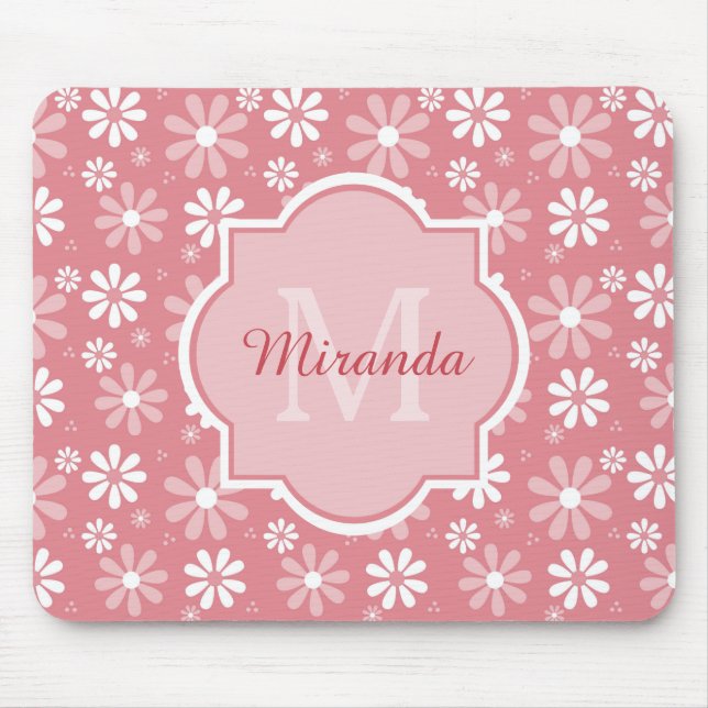Girly Monogram Cute Pink Daisy Flowers With Name Mouse Mat (Front)