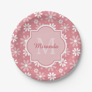 Girly Monogram Cute Pink Daisy Flowers With Name Paper Plate