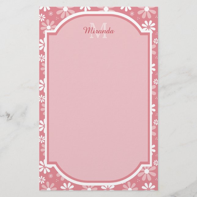 Girly Monogram Cute Pink Daisy Flowers With Name Stationery (Front)