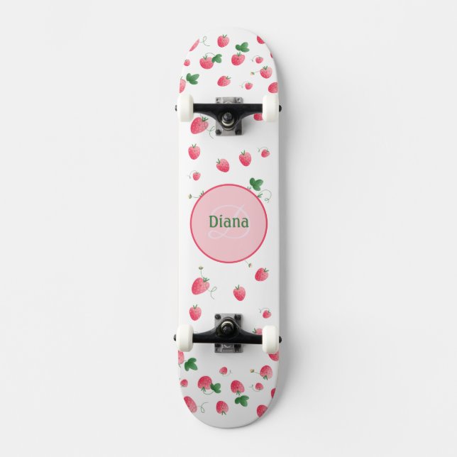 Girly Monogram cute strawberres with name Skateboard (Front)