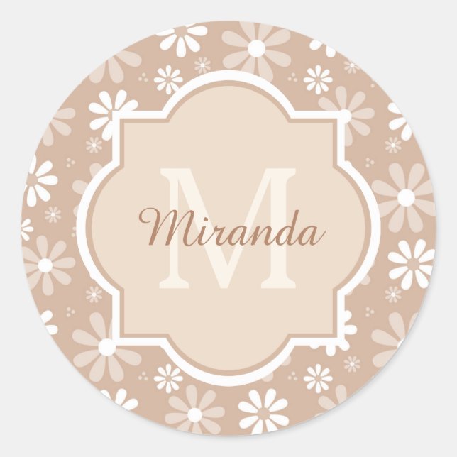Girly Monogram Cute Tan Daisy Flowers and Name Classic Round Sticker (Front)