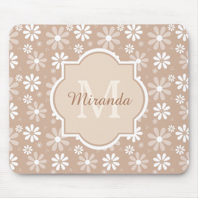 Girly Monogram Cute Tan Daisy Flowers and Name Mouse Mat (Front)