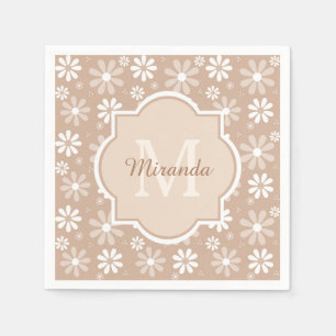 Girly Monogram Cute Tan Daisy Flowers and Name Napkin