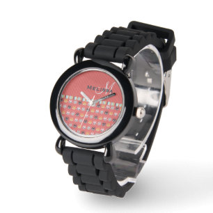 Girly Monogram Floral Pattern on Coral Red Watch