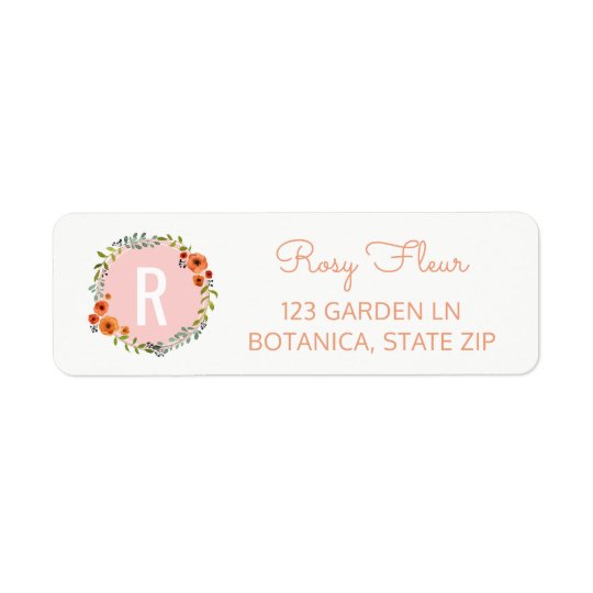 Girly Monogram Initial | Watercolor Flowers Wreath Return Address Label
