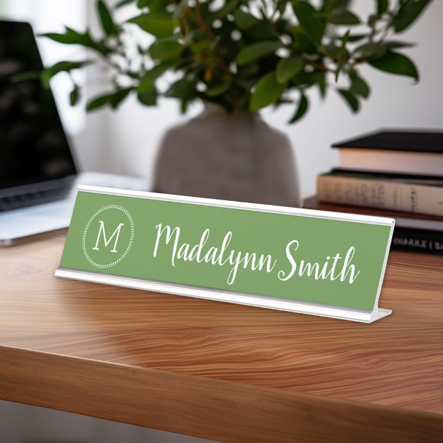 Girly Monogram Kelly Green and Calligraphy Name Desk Name Plate (Personalized Desk Sign with Name and Title - Custom Executive Name Plate)