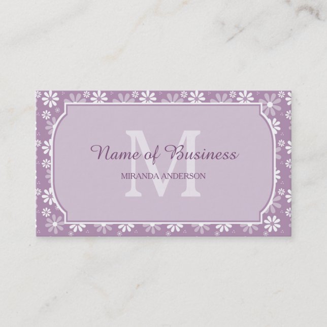 Girly Monogram Light Purple Daisy Flowers and Name Business Card (Front)