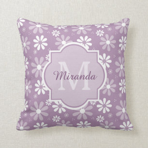 Girly Monogram Light Purple Daisy Flowers and Name Cushion