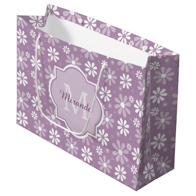 Girly Monogram Light Purple Daisy Flowers and Name Large Gift Bag (Front Angled)