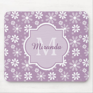 Girly Monogram Light Purple Daisy Flowers and Name Mouse Mat