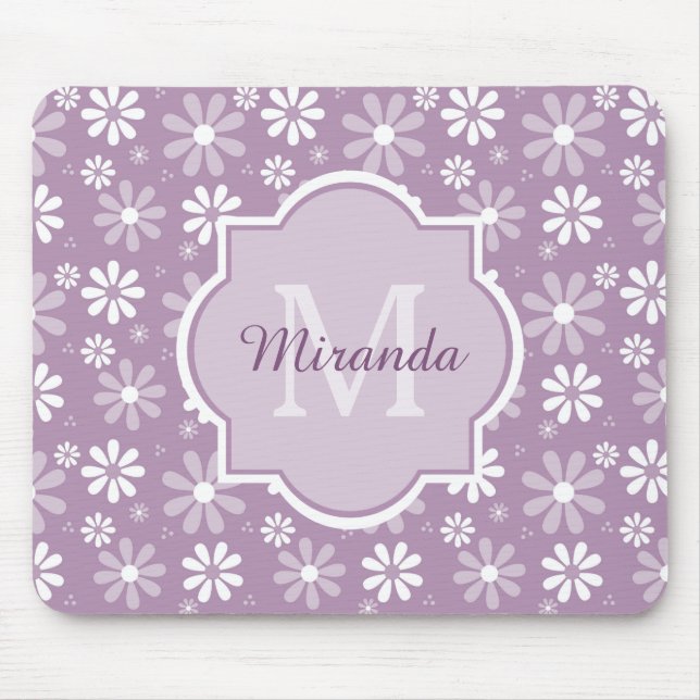 Girly Monogram Light Purple Daisy Flowers and Name Mouse Mat (Front)