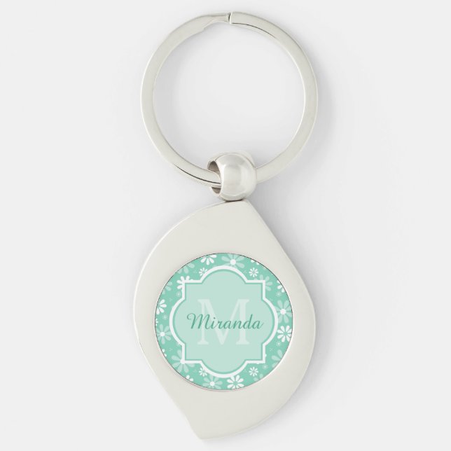 Girly Monogram Mint White Daisy Flowers With Name Key Ring (Front)
