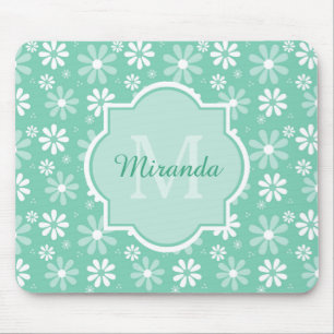 Girly Monogram Mint White Daisy Flowers With Name Mouse Mat