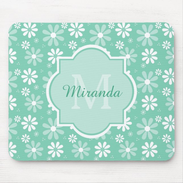 Girly Monogram Mint White Daisy Flowers With Name Mouse Mat (Front)