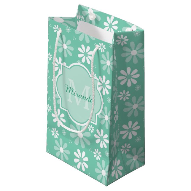 Girly Monogram Mint White Daisy Flowers With Name Small Gift Bag (Front Angled)
