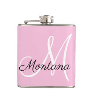 Girly Monogram Modern Pink Elegant Hand Lettered Hip Flask