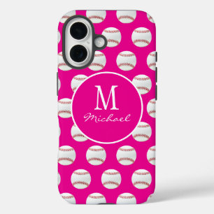Girly Monogram Name Baseball Seamless Pattern Pink iPhone 16 Case