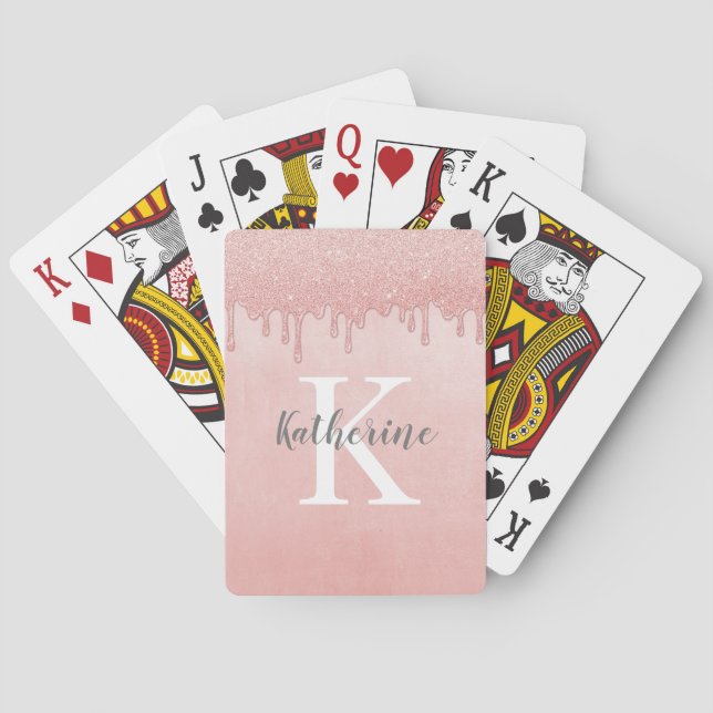 Girly Monogram Name Blush Pink Dripping Glitter Playing Cards (Back)